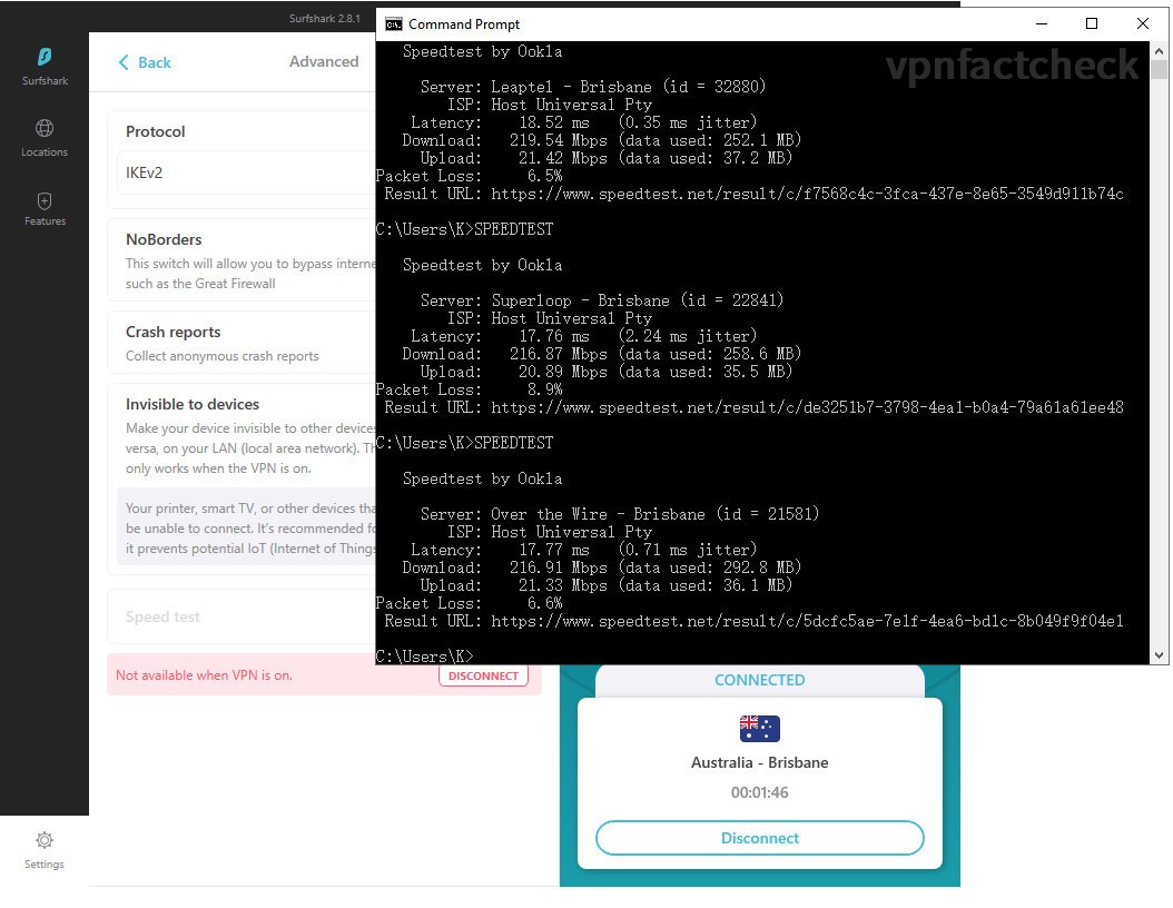 SurfShark Brisbane IKEV2 Speedtest Results