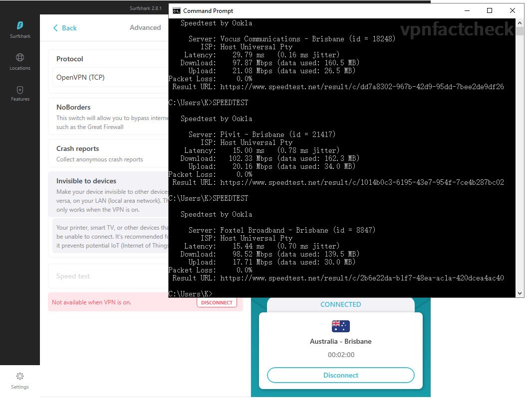 SurfShark Brisbane OpenVPN(TCP) Speedtest Results