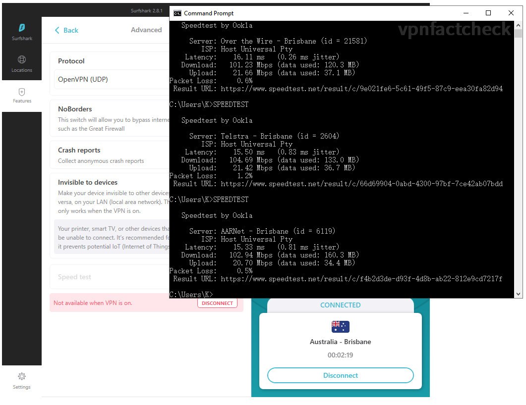 SurfShark Brisbane OpenVPN(UDP) Speedtest Results