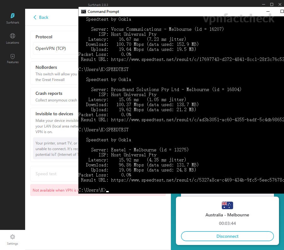 SurfShark Melbourne OpenVPN(TCP) Speedtest Results