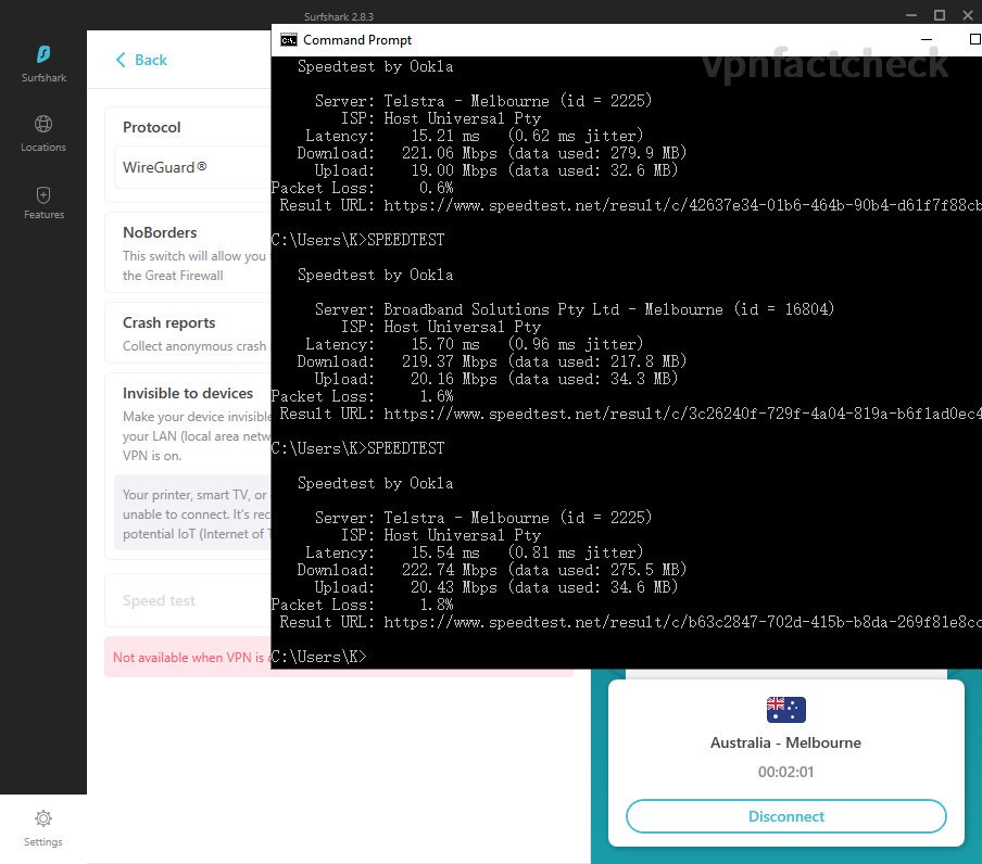 SurfShark Melbourne Wireguard Speedtest Results