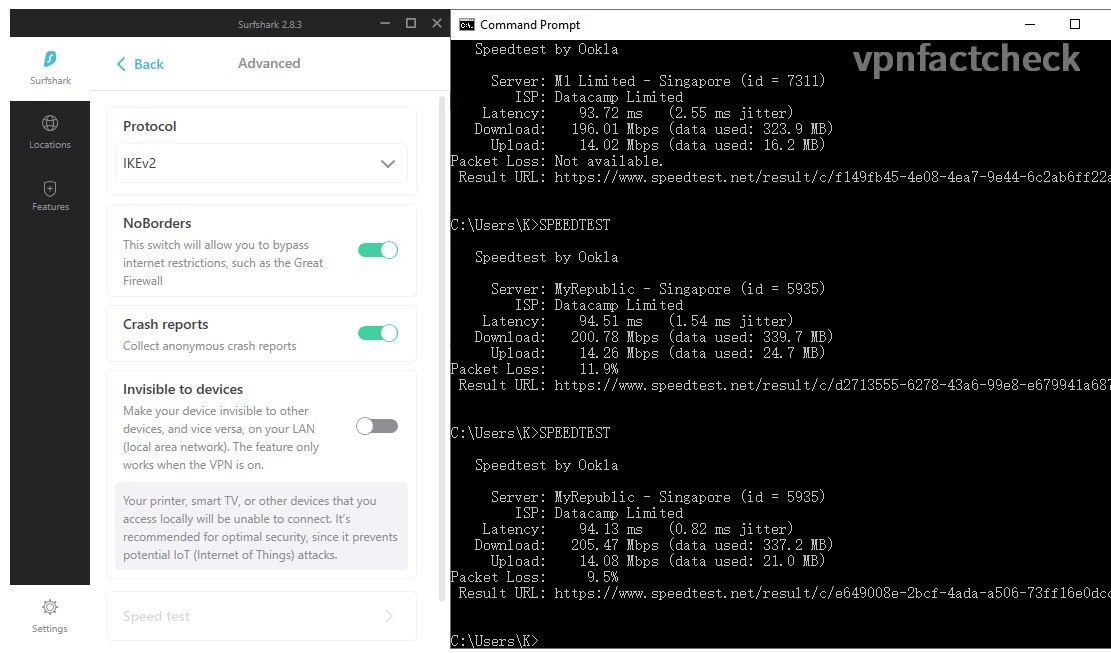 SurfShark Singapore IKEV2 Speedtest Results