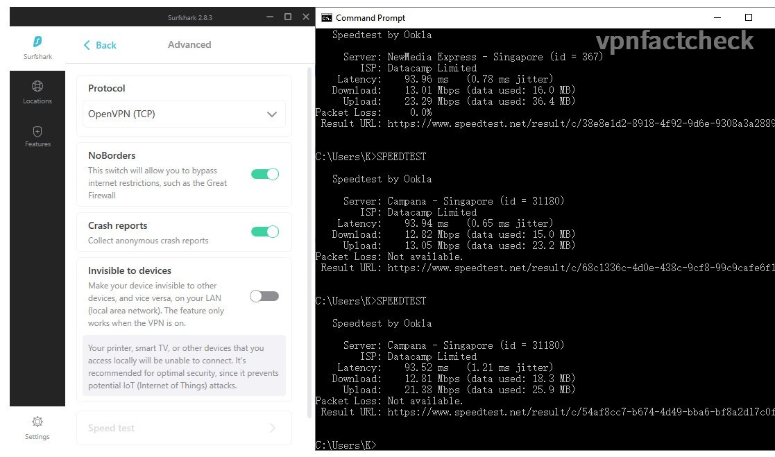 SurfShark Singapore OpenVPN(UDP) Speedtest Results