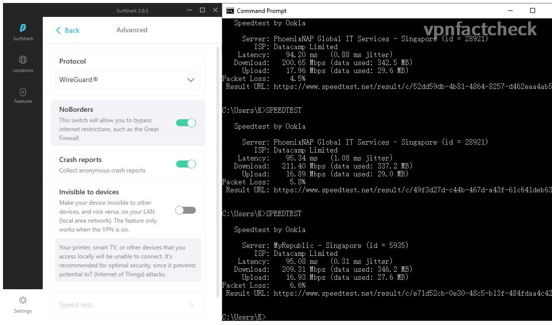 SurfShark Singapore Wireguard Speedtest Results